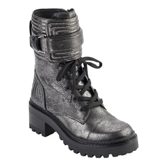 DKNY Women's Gunmetal Leather Buckled Quilted Block-Heel Combat Boots Size 6 NWT